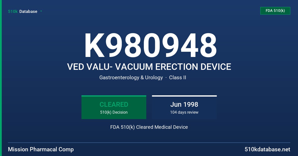 K980948 VED VALU- VACUUM ERECTION DEVICE FDA 510(k) Cleared Medical Device