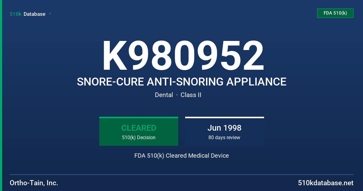 K980952 SNORE-CURE ANTI-SNORING APPLIANCE FDA 510(k) Cleared Medical Device