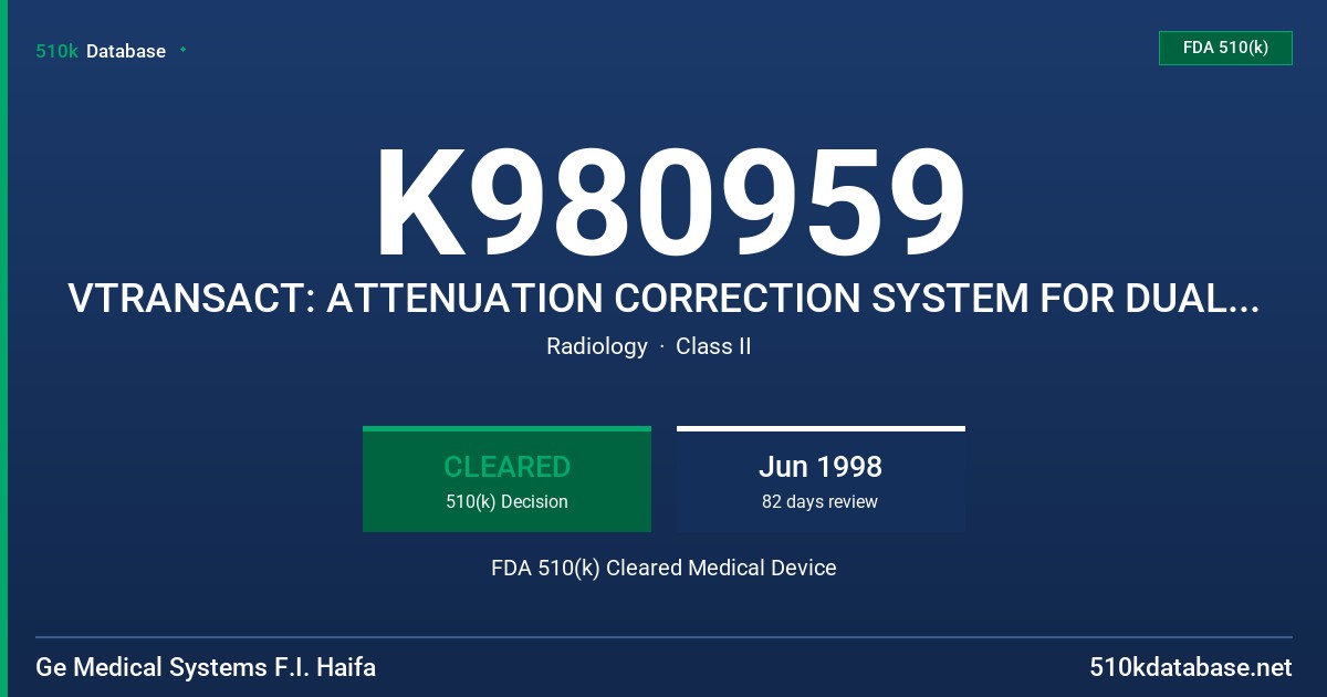 K980959 VTRANSACT: ATTENUATION CORRECTION SYSTEM FOR DUAL-HEAD VARIABLE ANGLE GAMMA CAMERA FDA 510(k) Cleared Medical Device