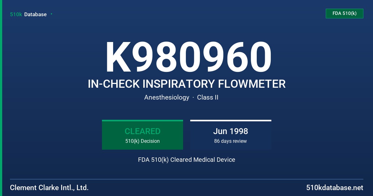 K980960 IN-CHECK INSPIRATORY FLOWMETER FDA 510(k) Cleared Medical Device