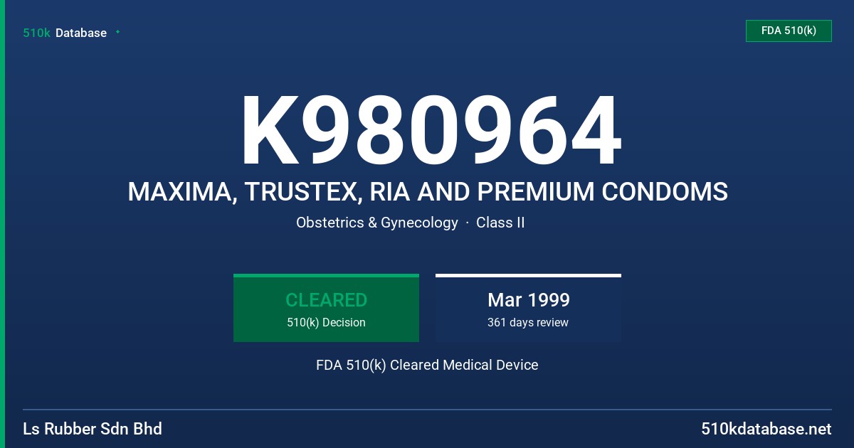 K980964 MAXIMA, TRUSTEX, RIA AND PREMIUM CONDOMS FDA 510(k) Cleared Medical Device