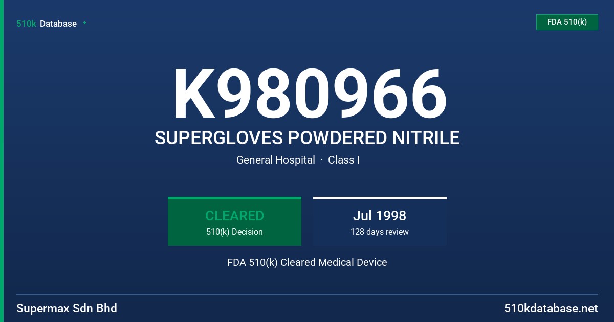 K980966 SUPERGLOVES POWDERED NITRILE FDA 510(k) Cleared Medical Device