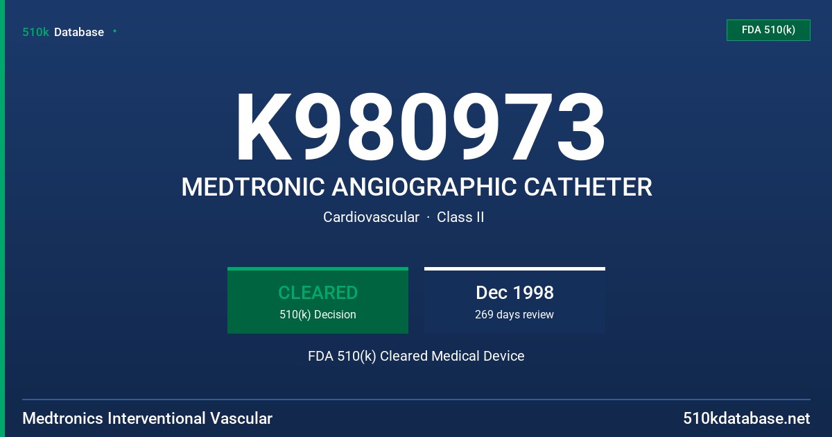 K980973 MEDTRONIC ANGIOGRAPHIC CATHETER FDA 510(k) Cleared Medical Device