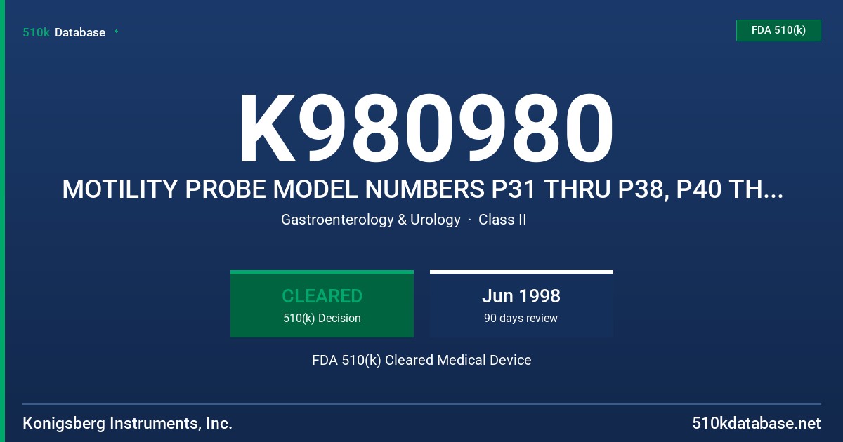 K980980 MOTILITY PROBE MODEL NUMBERS P31 THRU P38, P40 THRU P43 AND P50 FDA 510(k) Cleared Medical Device