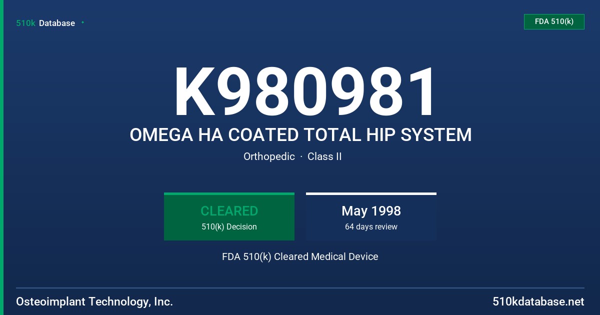 K980981 OMEGA HA COATED TOTAL HIP SYSTEM FDA 510(k) Cleared Medical Device