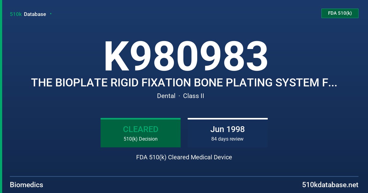 K980983 THE BIOPLATE RIGID FIXATION BONE PLATING SYSTEM FOR CRANIOMAXILLOFACIAL SURGERY FDA 510(k) Cleared Medical Device