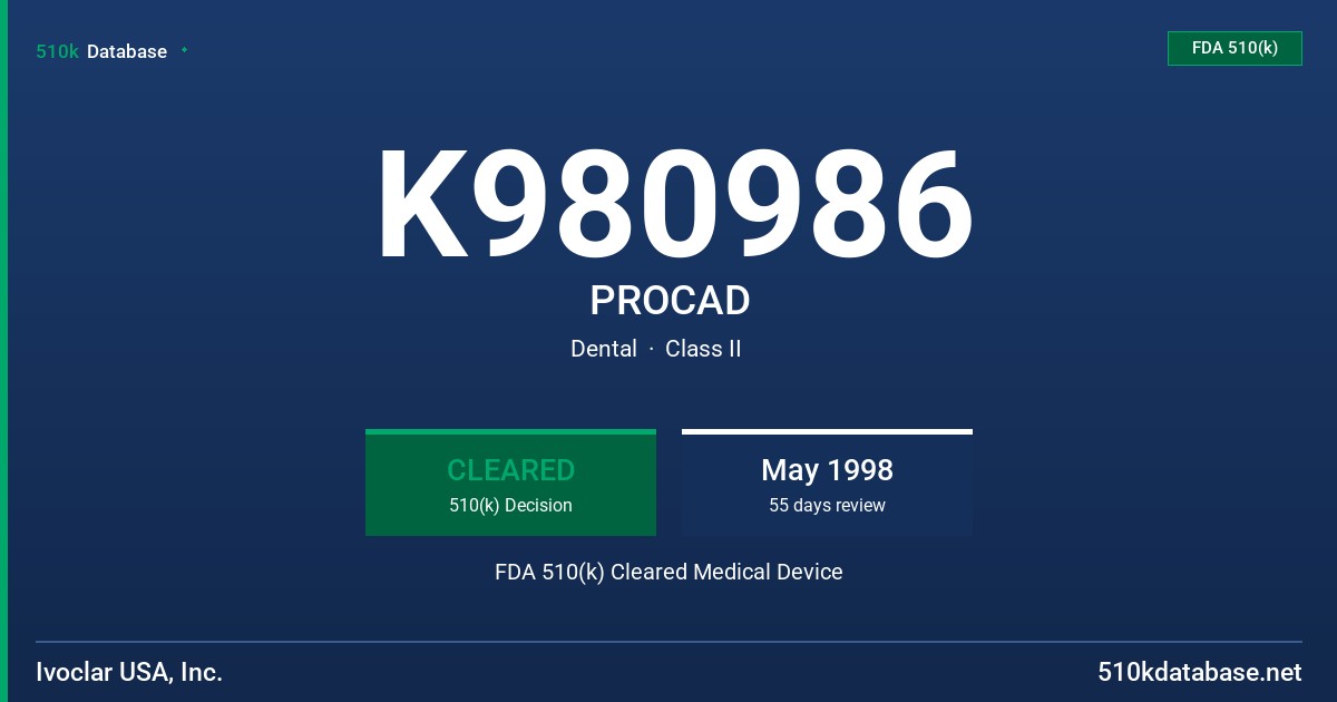 K980986 PROCAD FDA 510(k) Cleared Medical Device