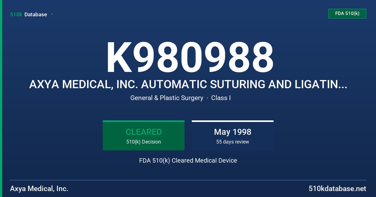 K980988 AXYA MEDICAL, INC. AUTOMATIC SUTURING AND LIGATING SYSTEM-(ASLS) FDA 510(k) Cleared Medical Device