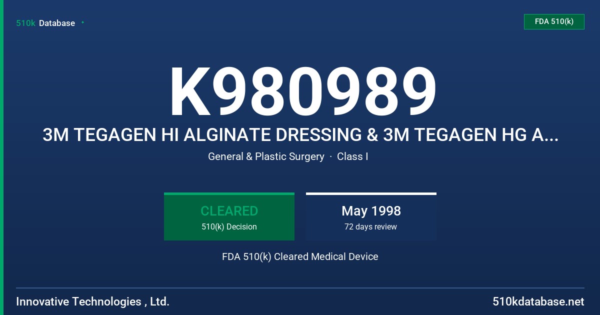 K980989 3M TEGAGEN HI ALGINATE DRESSING & 3M TEGAGEN HG ALGINATE DRESSING FDA 510(k) Cleared Medical Device