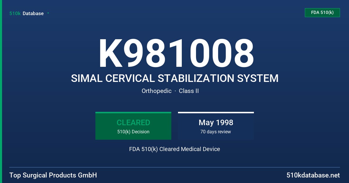 K981008 SIMAL CERVICAL STABILIZATION SYSTEM FDA 510(k) Cleared Medical Device