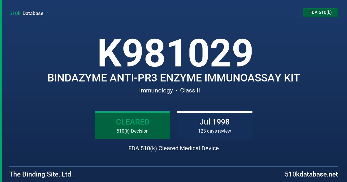 K981029 BINDAZYME ANTI-PR3 ENZYME IMMUNOASSAY KIT FDA 510(k) Cleared Medical Device