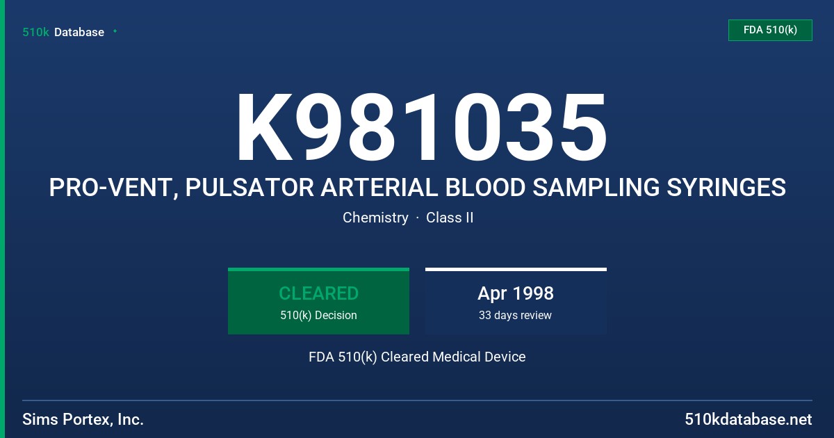 K981035 PRO-VENT, PULSATOR ARTERIAL BLOOD SAMPLING SYRINGES FDA 510(k) Cleared Medical Device