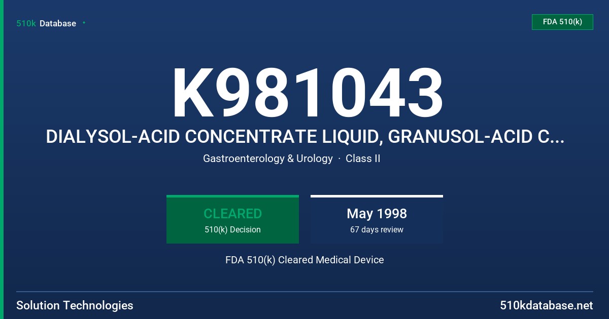 K981043 DIALYSOL-ACID CONCENTRATE LIQUID, GRANUSOL-ACID CONCENTRATE POWDER, RENALSOL-ACETATE CONCENTRATE LIQUID & POWDER, BIOSOL FDA 510(k) Cleared Medical Device