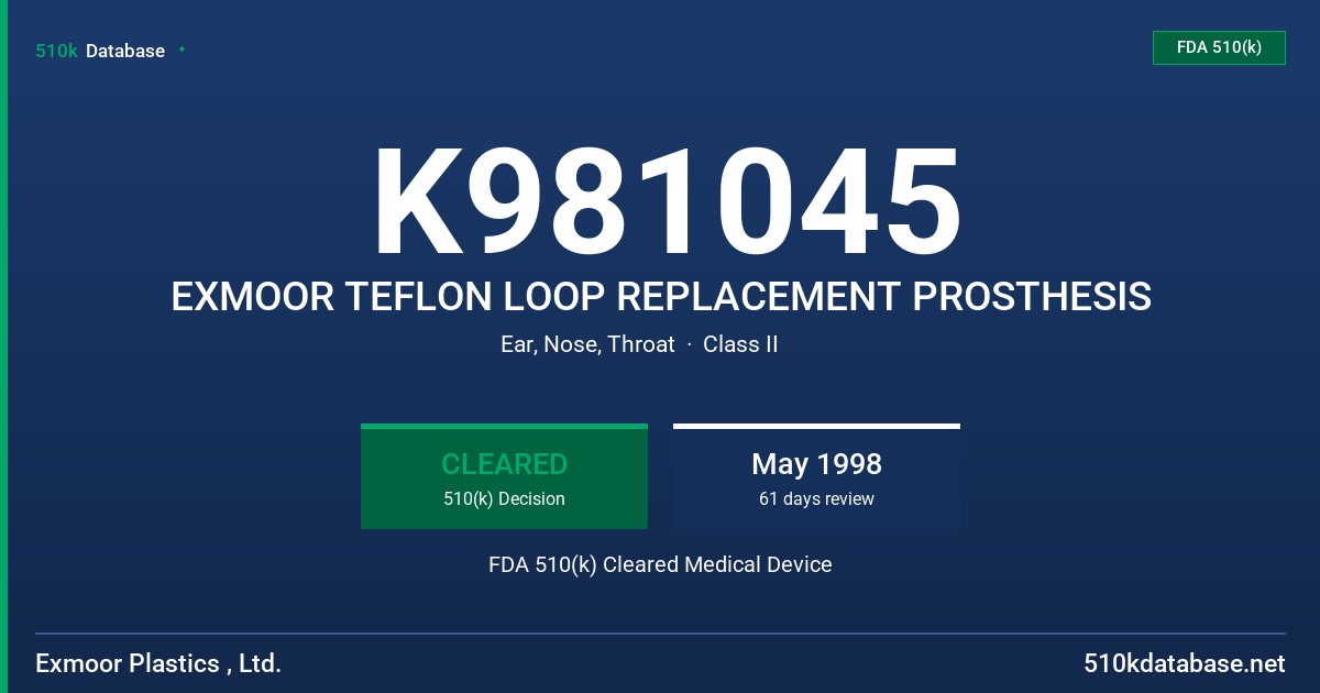 K981045 EXMOOR TEFLON LOOP REPLACEMENT PROSTHESIS FDA 510(k) Cleared Medical Device