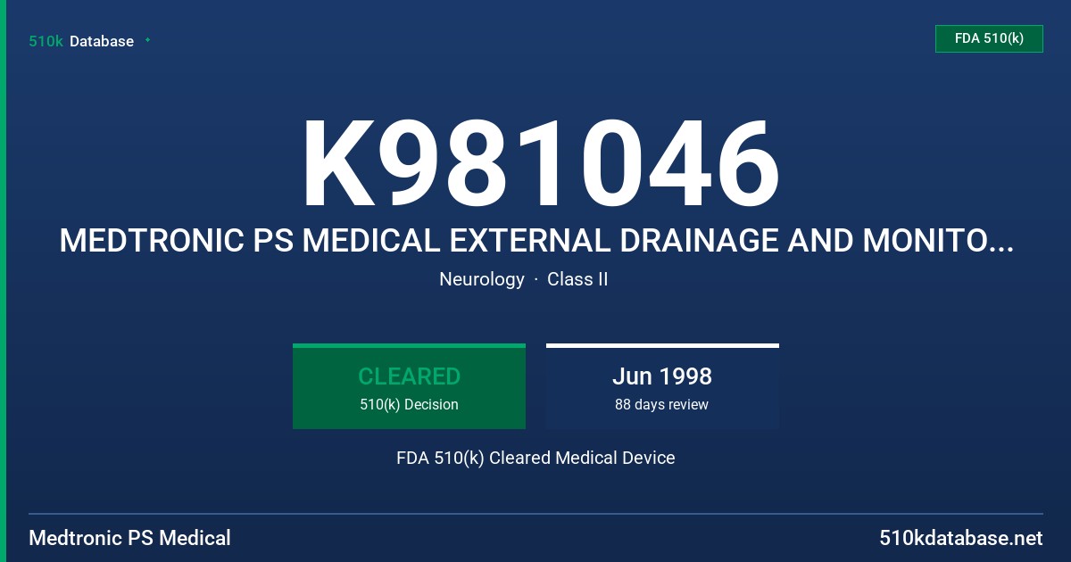 K981046 MEDTRONIC PS MEDICAL EXTERNAL DRAINAGE AND MONITORING (EDM) VENTRICULAR CATHETER, 20CM AND 35 CM MODEL # 96115 AND 96118 FDA 510(k) Cleared Medical Device