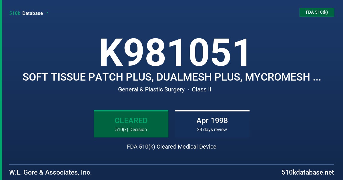 K981051 SOFT TISSUE PATCH PLUS, DUALMESH PLUS, MYCROMESH PLUS, DUALMESH PLUS WITH HOLES FDA 510(k) Cleared Medical Device