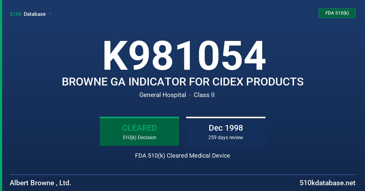 K981054 BROWNE GA INDICATOR FOR CIDEX PRODUCTS FDA 510(k) Cleared Medical Device