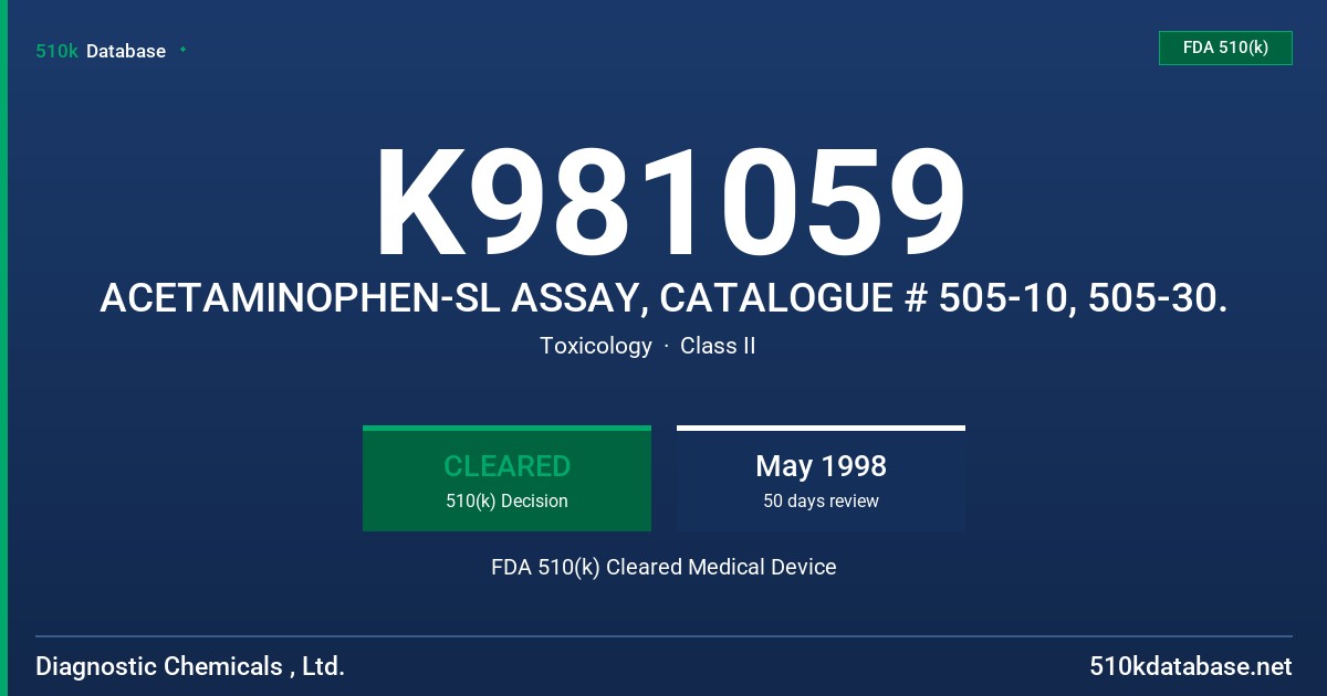 K981059 ACETAMINOPHEN-SL ASSAY, CATALOGUE # 505-10, 505-30. FDA 510(k) Cleared Medical Device