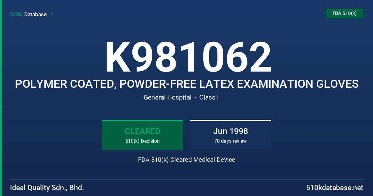 K981062 POLYMER COATED, POWDER-FREE LATEX EXAMINATION GLOVES FDA 510(k) Cleared Medical Device