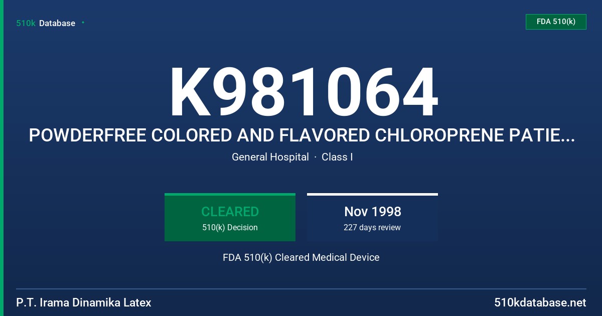 K981064 POWDERFREE COLORED AND FLAVORED CHLOROPRENE PATIENT EXAMINATION GLOVES FDA 510(k) Cleared Medical Device