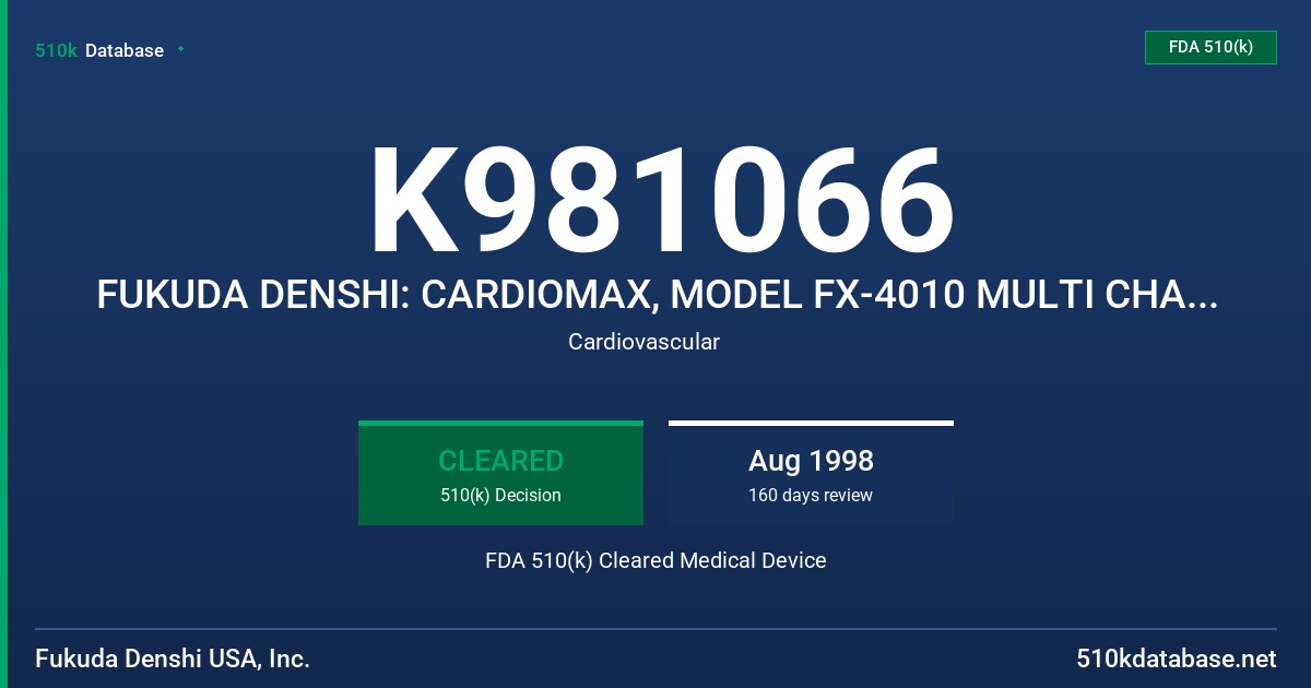 K981066 FUKUDA DENSHI: CARDIOMAX, MODEL FX-4010 MULTI CHANNEL ELECTROCARDIOGRAPH FDA 510(k) Cleared Medical Device