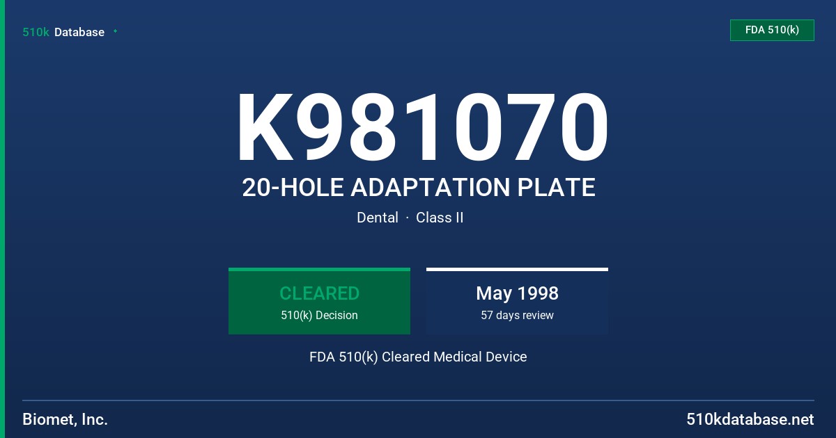 K981070 20-HOLE ADAPTATION PLATE FDA 510(k) Cleared Medical Device