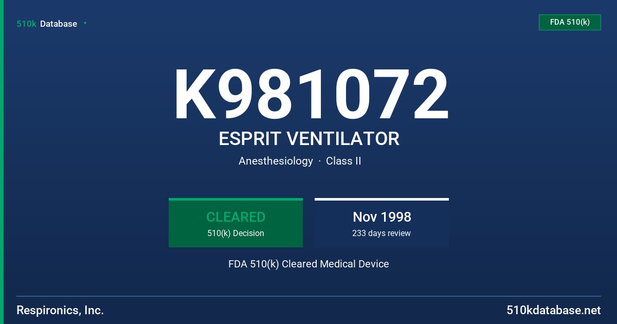 K981072 ESPRIT VENTILATOR FDA 510(k) Cleared Medical Device
