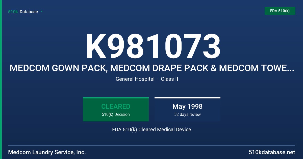 K981073 MEDCOM GOWN PACK, MEDCOM DRAPE PACK & MEDCOM TOWEL PACK FDA 510(k) Cleared Medical Device