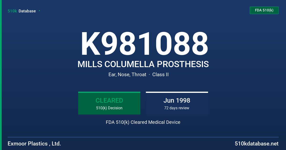 K981088 MILLS COLUMELLA PROSTHESIS FDA 510(k) Cleared Medical Device
