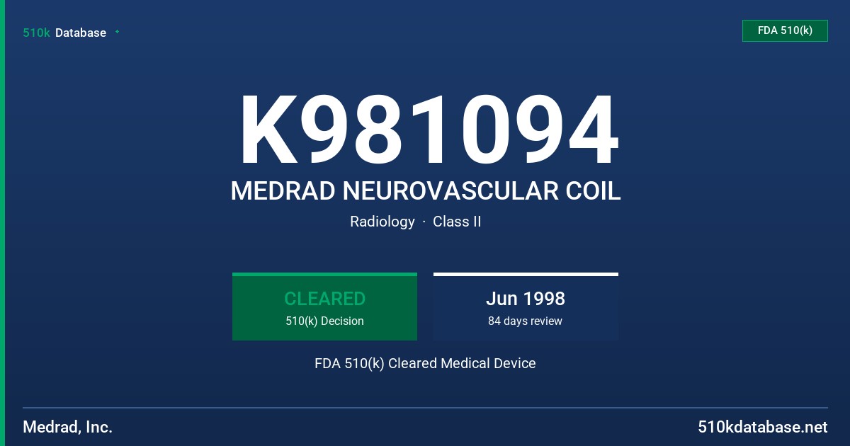 K981094 MEDRAD NEUROVASCULAR COIL FDA 510(k) Cleared Medical Device