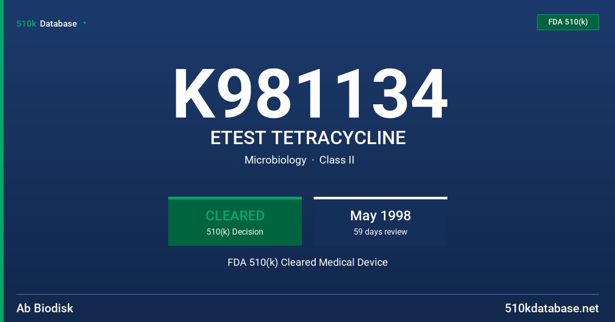 K981134 ETEST TETRACYCLINE FDA 510(k) Cleared Medical Device