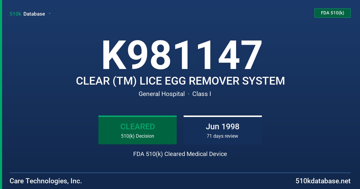 K981147 CLEAR (TM) LICE EGG REMOVER SYSTEM FDA 510(k) Cleared Medical Device