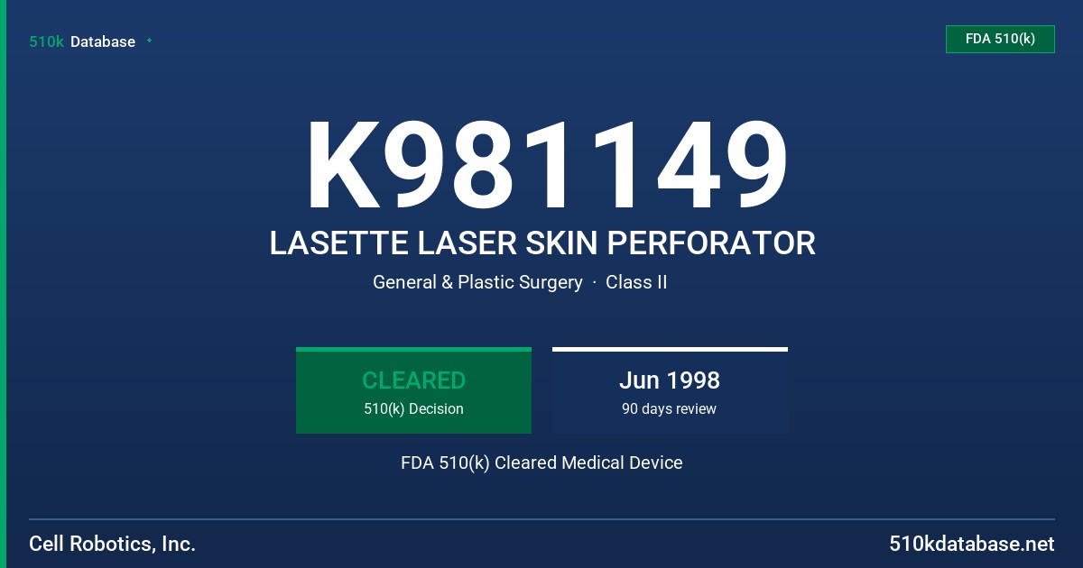 K981149 LASETTE LASER SKIN PERFORATOR FDA 510(k) Cleared Medical Device