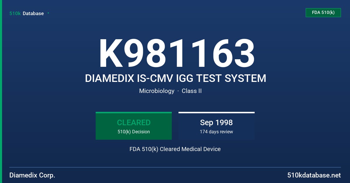K981163 DIAMEDIX IS-CMV IGG TEST SYSTEM FDA 510(k) Cleared Medical Device