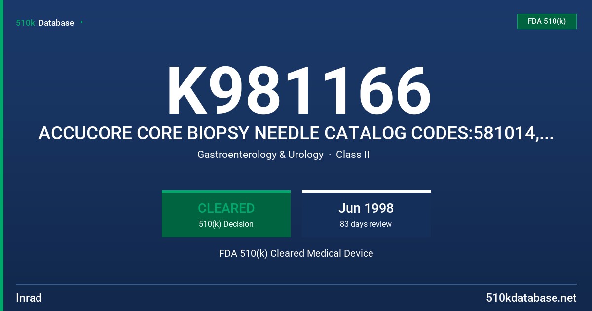 K981166 ACCUCORE CORE BIOPSY NEEDLE CATALOG CODES:581014, 581614, 581618, 582018, 582518, 581620, 582020, 581214 FDA 510(k) Cleared Medical Device