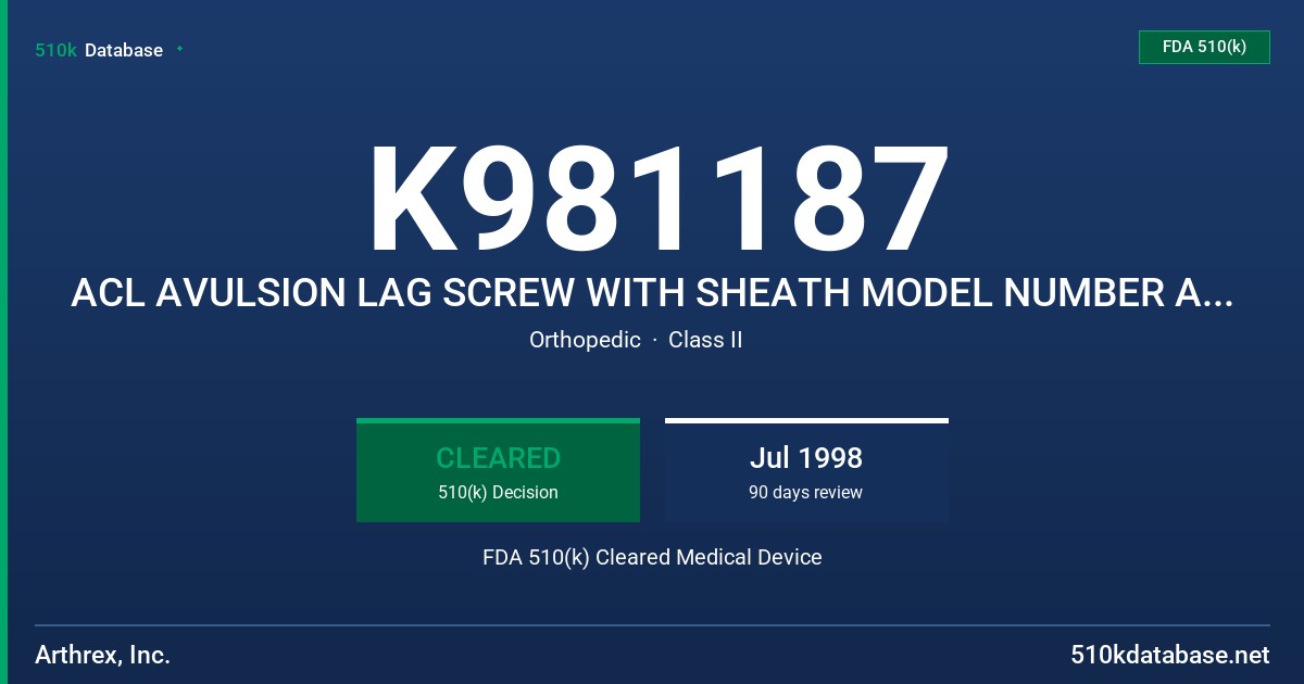 K981187 ACL AVULSION LAG SCREW WITH SHEATH MODEL NUMBER AR-6001 FDA 510(k) Cleared Medical Device