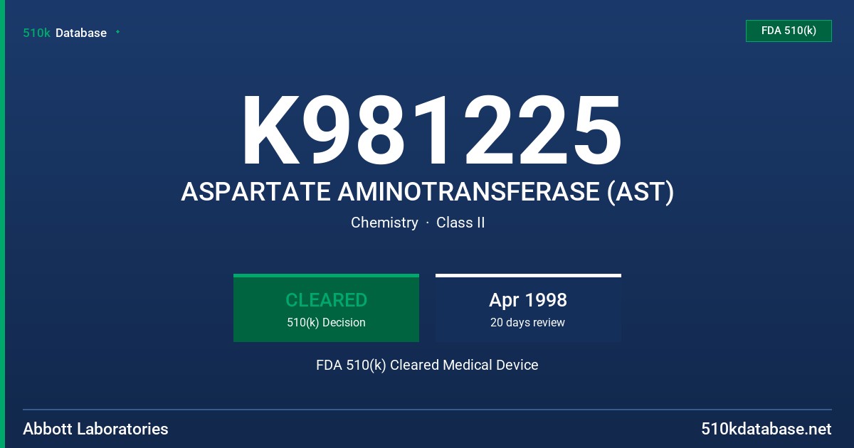K981225 ASPARTATE AMINOTRANSFERASE (AST) FDA 510(k) Cleared Medical Device