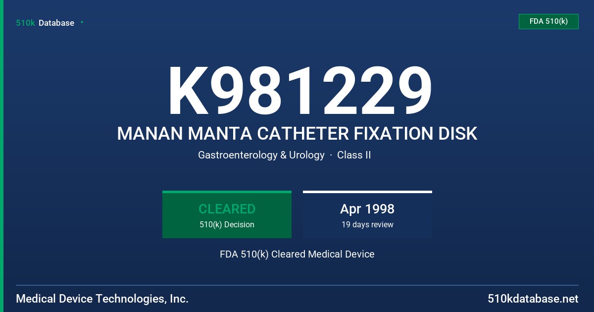 K981229 MANAN MANTA CATHETER FIXATION DISK FDA 510(k) Cleared Medical Device