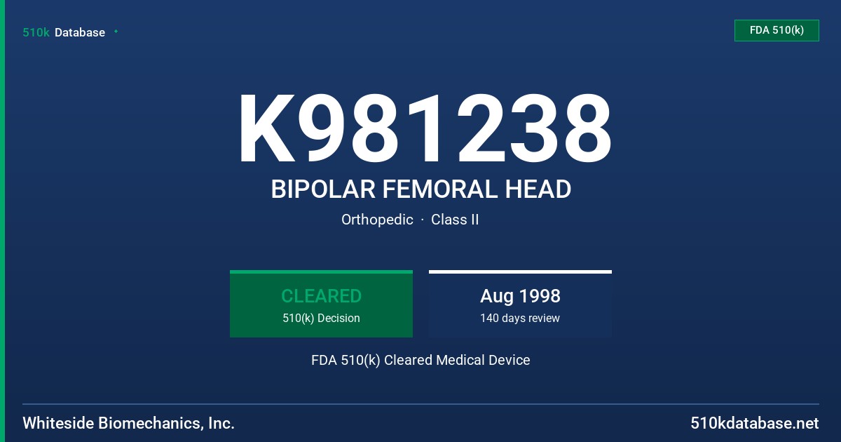 K981238 BIPOLAR FEMORAL HEAD FDA 510(k) Cleared Medical Device