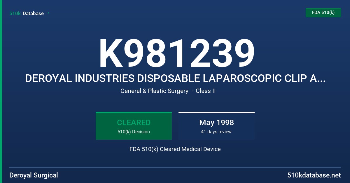 K981239 DEROYAL INDUSTRIES DISPOSABLE LAPAROSCOPIC CLIP APPLIER WITH IMPLANTABLE TITANIUM CLIPS FDA 510(k) Cleared Medical Device