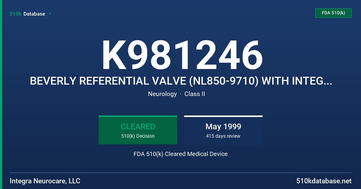 K981246 BEVERLY REFERENTIAL VALVE (NL850-9710) WITH INTEGRAL PERITONEAL CATHETER (NL850-9720) VALVE KIT (NL850-9730) FDA 510(k) Cleared Medical Device