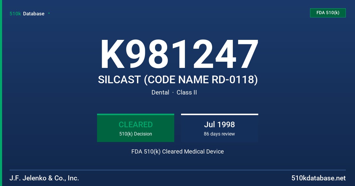 K981247 SILCAST (CODE NAME RD-0118) FDA 510(k) Cleared Medical Device