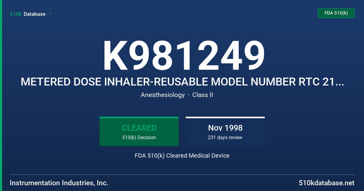 K981249 METERED DOSE INHALER-REUSABLE MODEL NUMBER RTC 21-A, METERED DOSE INHALER-DISPOSABLE MODEL NUBER RTC 21-D FDA 510(k) Cleared Medical Device