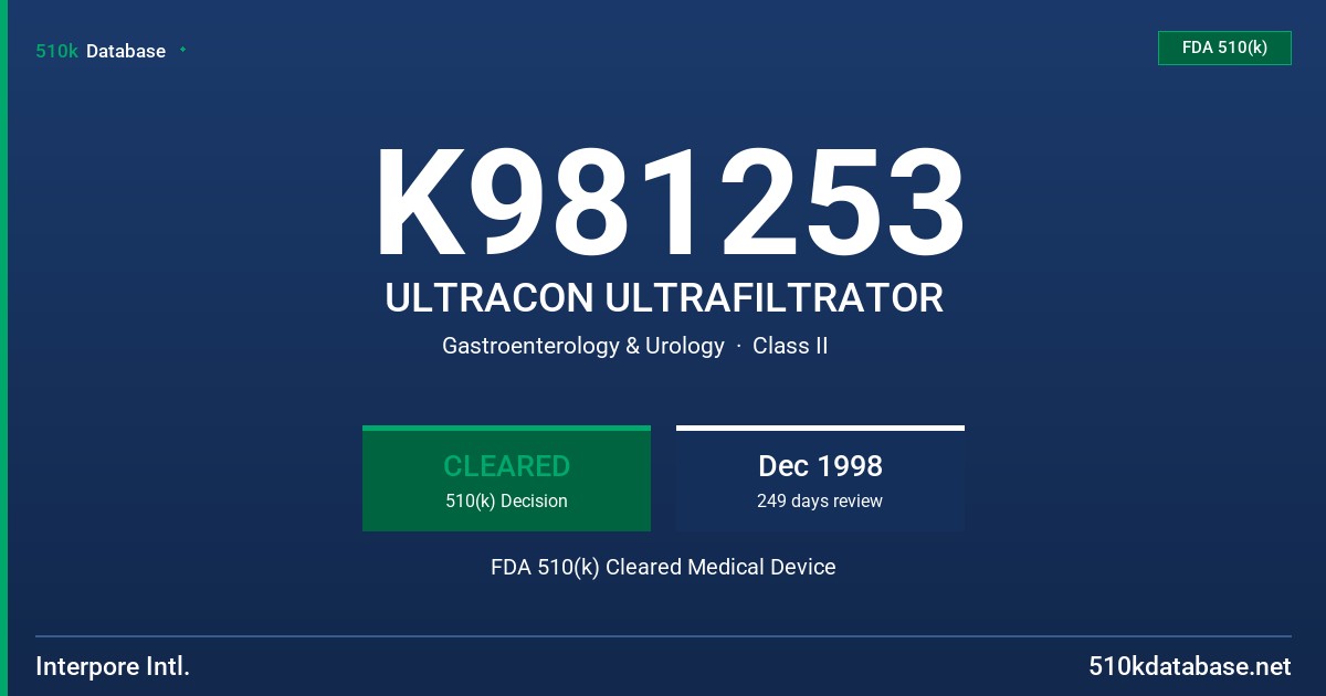 K981253 ULTRACON ULTRAFILTRATOR FDA 510(k) Cleared Medical Device
