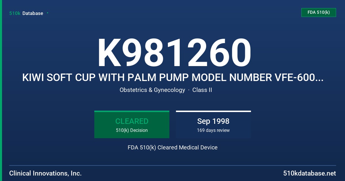 K981260 KIWI SOFT CUP WITH PALM PUMP MODEL NUMBER VFE-6000S, KIWI MUSHROOM CUP WITH PALM PUMP MODEL VFE-6000M FDA 510(k) Cleared Medical Device