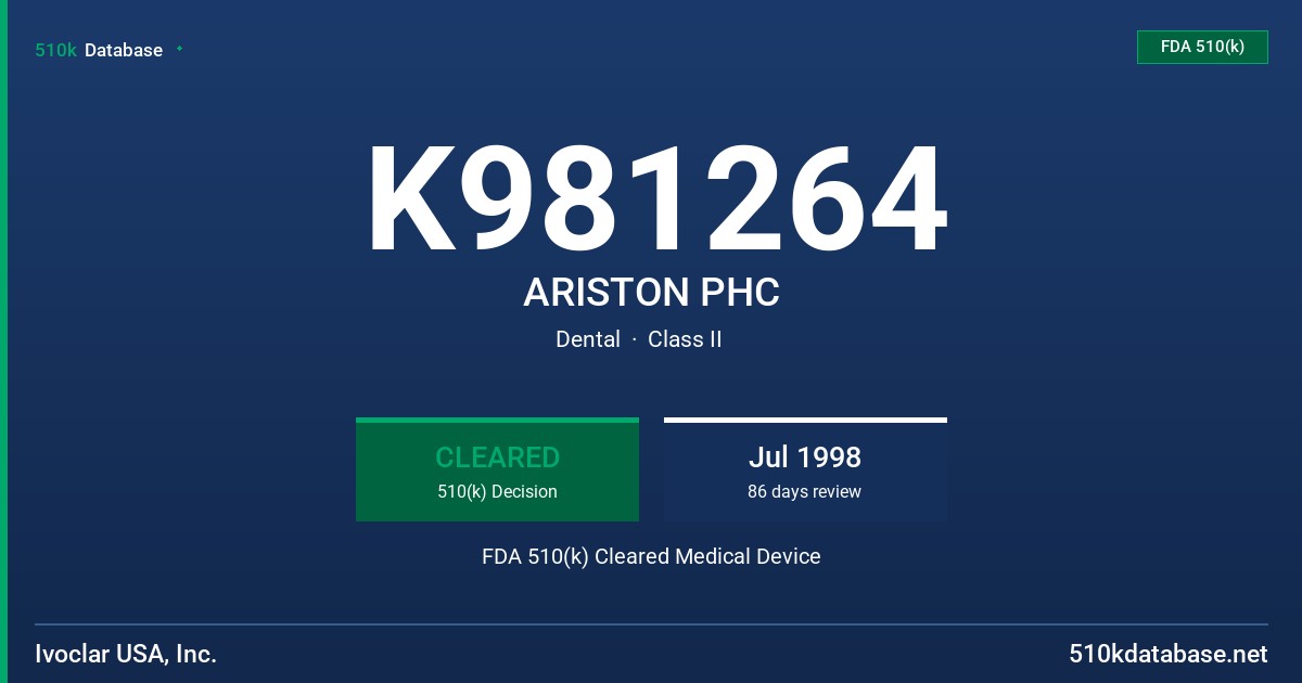 K981264 ARISTON PHC FDA 510(k) Cleared Medical Device