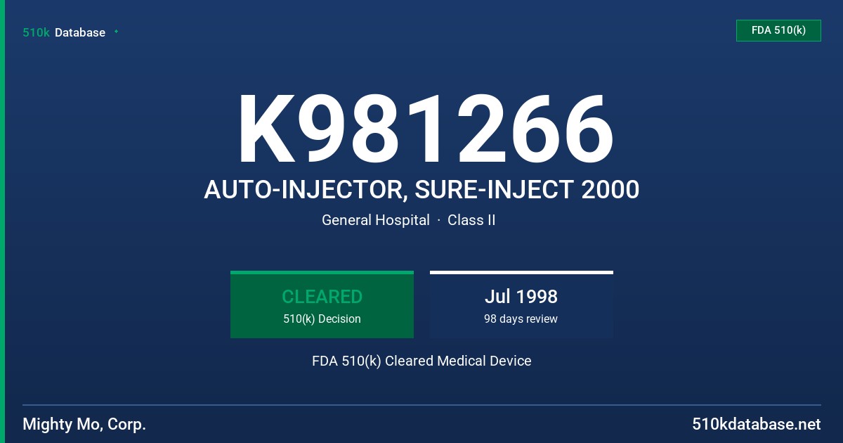 K981266 AUTO-INJECTOR, SURE-INJECT 2000 FDA 510(k) Cleared Medical Device