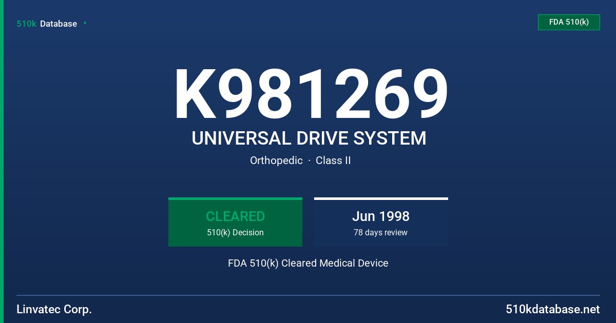 K981269 UNIVERSAL DRIVE SYSTEM FDA 510(k) Cleared Medical Device