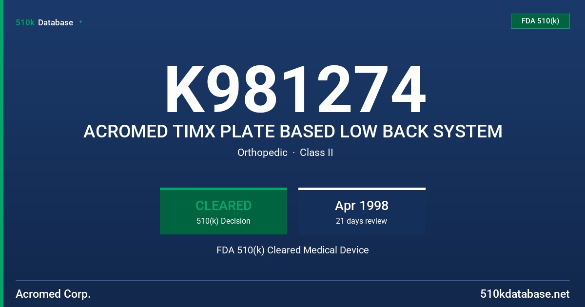 K981274 ACROMED TIMX PLATE BASED LOW BACK SYSTEM FDA 510(k) Cleared Medical Device