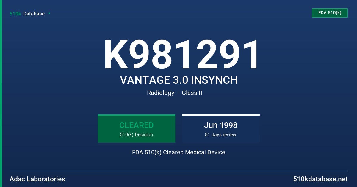 K981291 VANTAGE 3.0 INSYNCH FDA 510(k) Cleared Medical Device